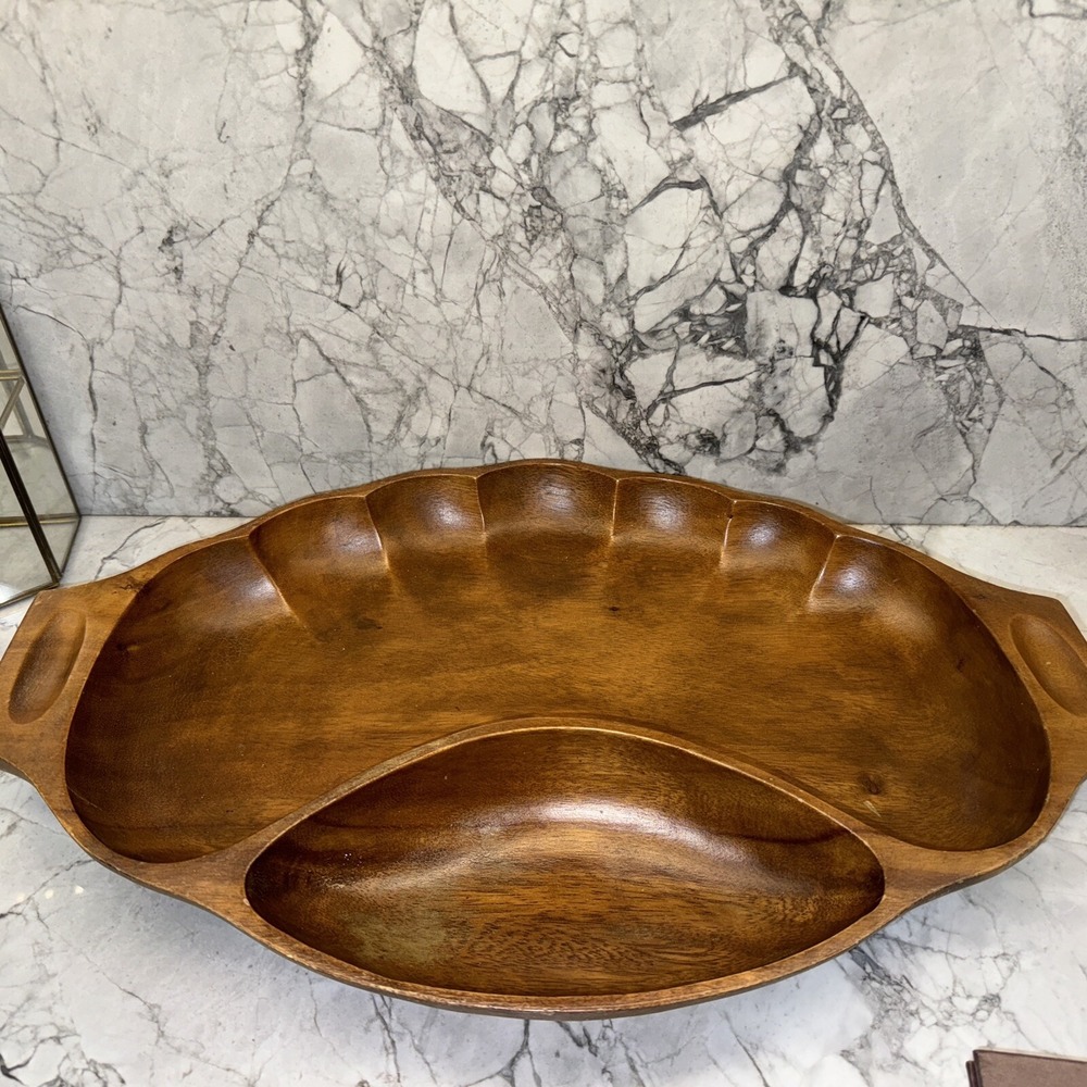 MCM Retro Monkey Pod Wooden Serving Dish Acacia Woods Handcrafted Clamshell
